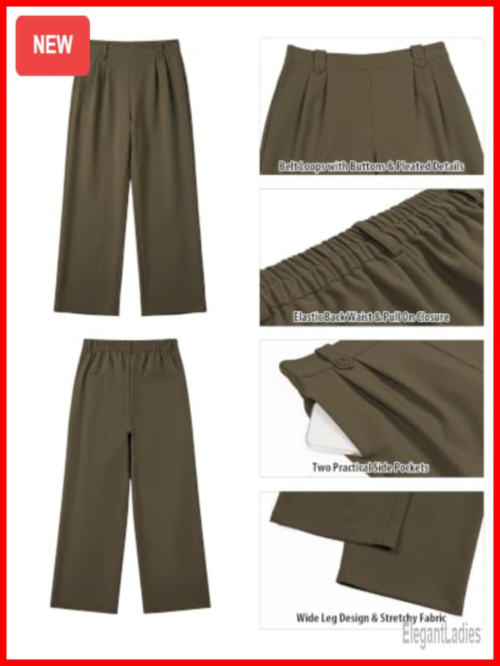 Wide Leg Pull On Dress Pants High Rise Pleated Trousers Business Casual - Picture 3 of 5
